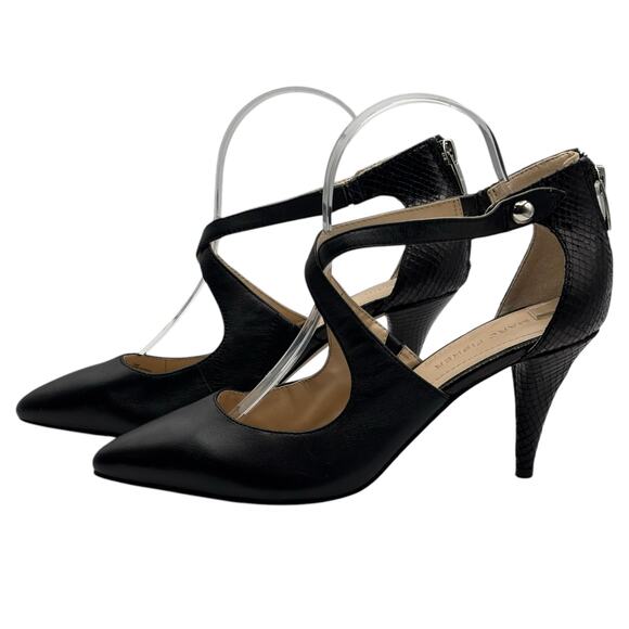 Marc Fisher Black Pointed Toe Heels Strappy Zip Back Stiletto Snake Embossed 8M - Picture 1 of 16